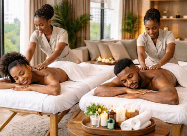 African couple enjoying a relaxing couples massage at home in a bright modern Lagos apartment with two professional therapists.