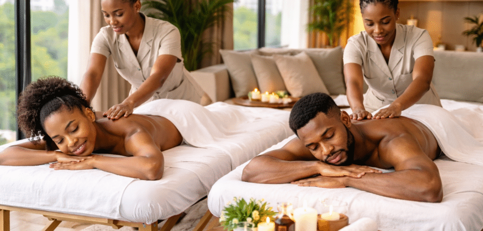 5 Reasons to Book a Couples Massage at Home in Lagos kazmani African couple enjoying a relaxing couples massage at home in a bright modern Lagos apartment with two professional therapists.