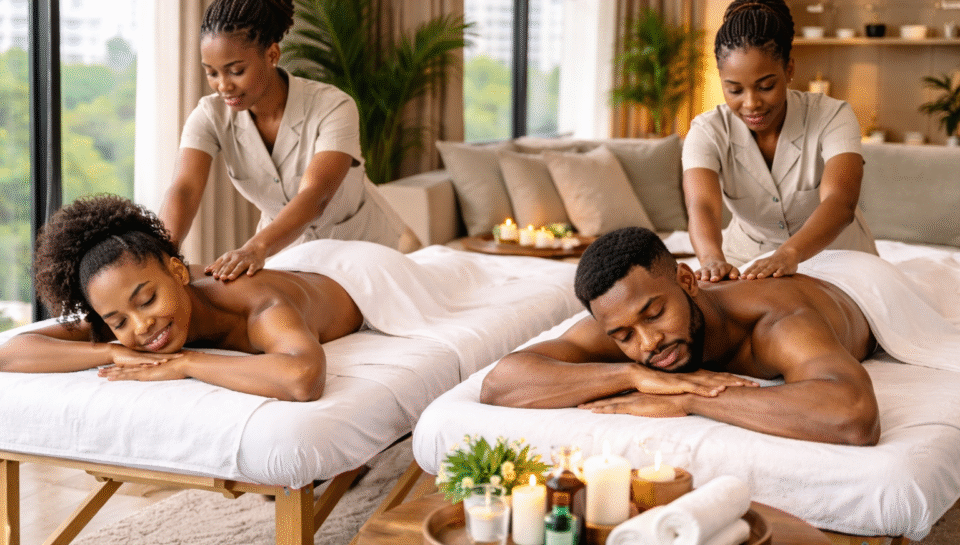 African couple enjoying a relaxing couples massage at home in a bright modern Lagos apartment with two professional therapists.