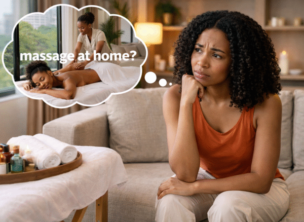 Concerned African woman sitting on a sofa, thinking about booking a massage at home, with a thought bubble showing a home massage scene.