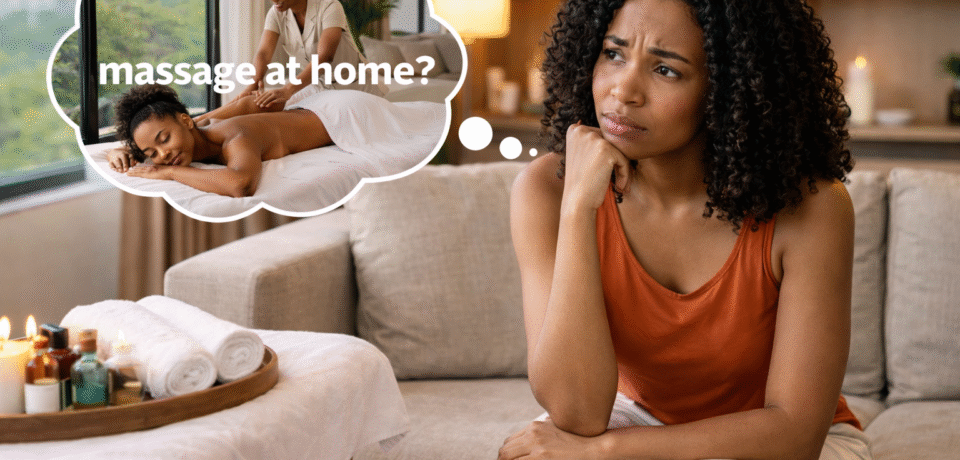 Concerned African woman sitting on a sofa, thinking about booking a massage at home, with a thought bubble showing a home massage scene.