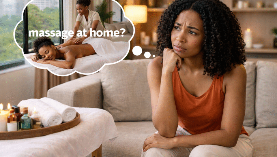 Concerned African woman sitting on a sofa, thinking about booking a massage at home, with a thought bubble showing a home massage scene.