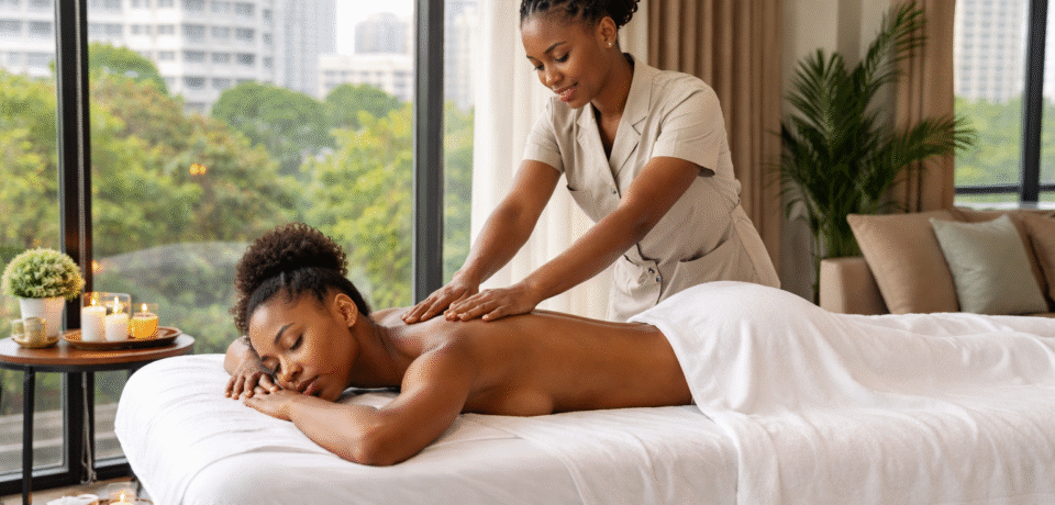 African massage therapist giving a home service massage to a woman on a massage table in a bright modern Lagos apartment.