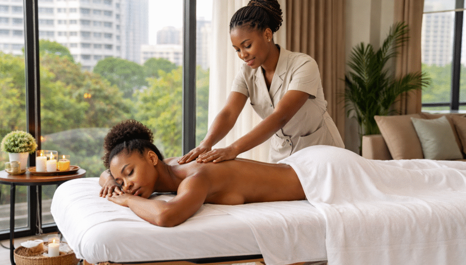 African massage therapist giving a home service massage to a woman on a massage table in a bright modern Lagos apartment.