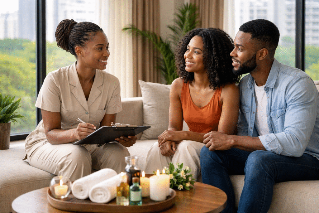 Professional African mobile massage therapist consulting with a couple in a bright modern living room in Nigeria.