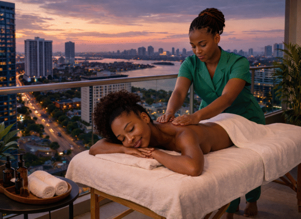 African woman receiving a relaxing massage on a high-rise balcony in Victoria Island Lagos at sunset, with city skyline in the background.
