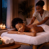 African woman receiving a relaxing home massage at night in a softly lit room with candles and a professional therapist.