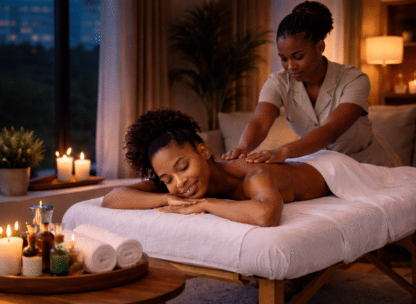 African woman receiving a relaxing home massage at night in a softly lit room with candles and a professional therapist.