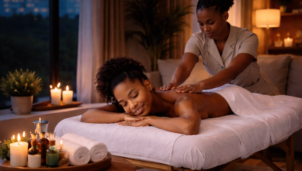 African woman receiving a relaxing home massage at night in a softly lit room with candles and a professional therapist.